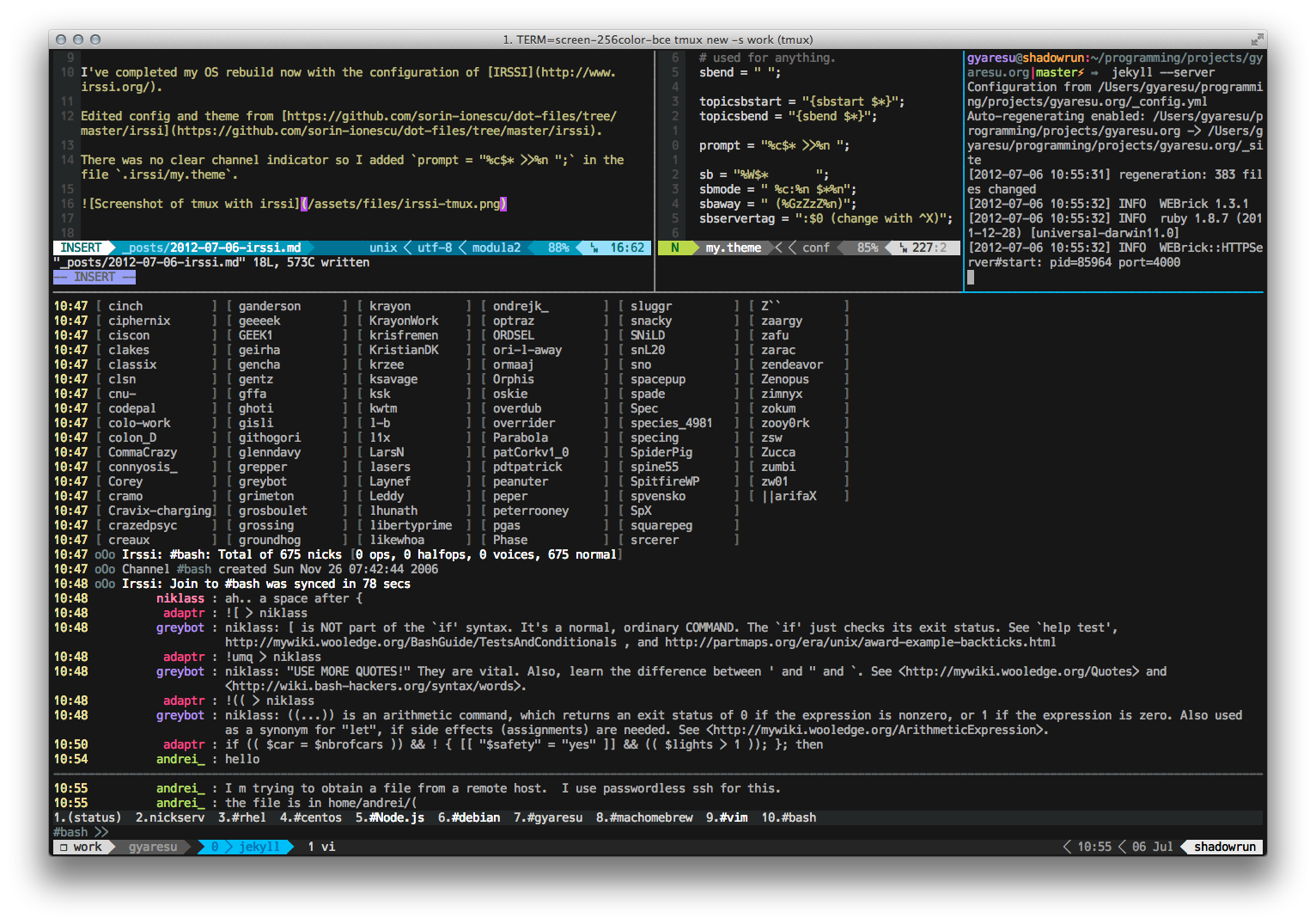 Screenshot of tmux with irssi